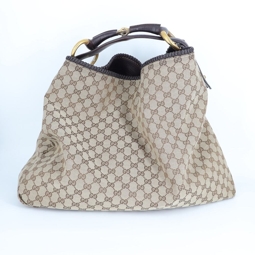Gucci Canvas Horsebit Hobo Bag Large GG Beige and Brown Leather Trim